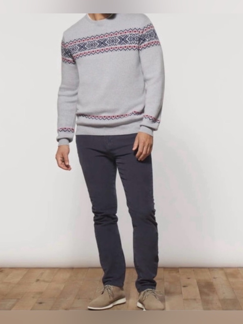 NEW Johnnie-O Shetland Holiday Merino Wool Crewneck Sweater in Light Gray XL